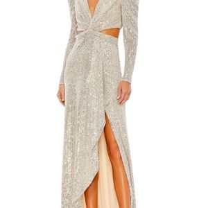 Ieena for Mac duggal full length evening gown open back slit 6 nwt glamour sexy